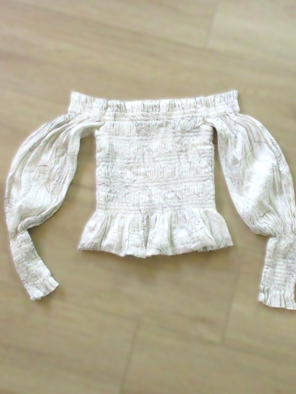 AllSaints Dover Top Off Shoulder Smocked Linen Silk Blend Blouse US 4